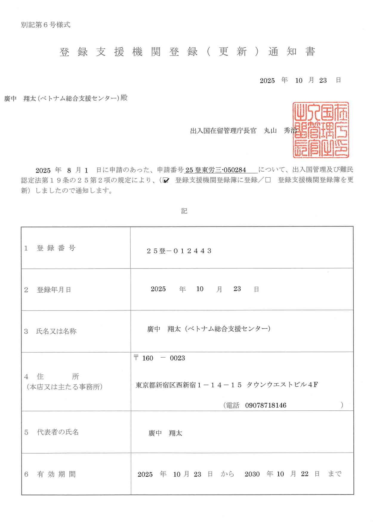 登録支援機関登録通知書
